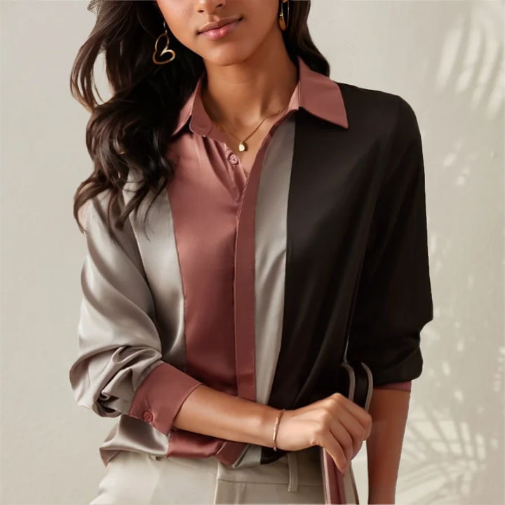 Cora - Stylische Herbstbluse aus gemischtem Satin mit Patchwork für Frauen
